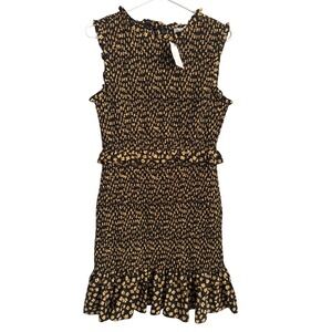 LIKELY Women's 10 Black Gold Floral Smocked Ruffle Sleeveless Mini Dress